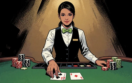Comic-Live-Dealerin am gr&uuml;nen Kartentisch - Live Casino Kategorie mit 350+ Tischen bei Zoccer
