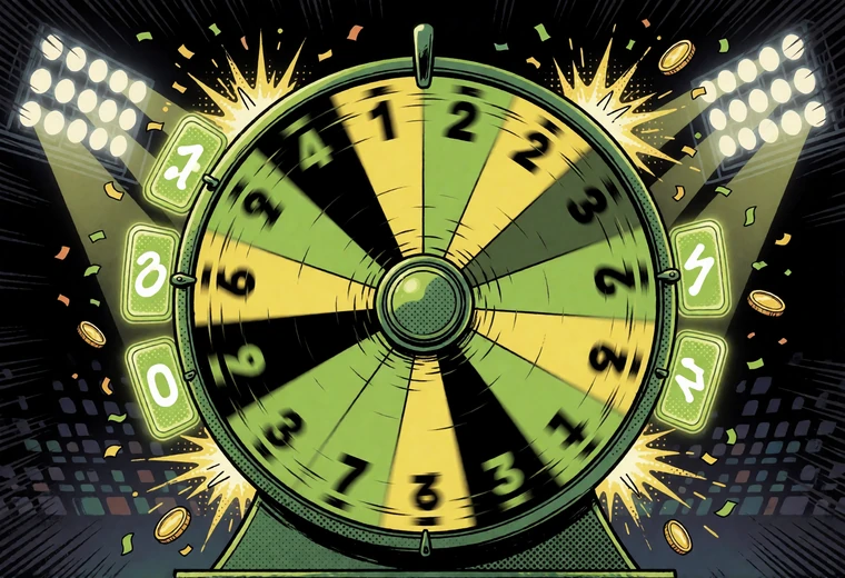 Comic-Gl&uuml;cksrad mit Multiplikatoren und Konfetti als Motiv f&uuml;r Game Shows wie Crazy Time und Mega Wheel