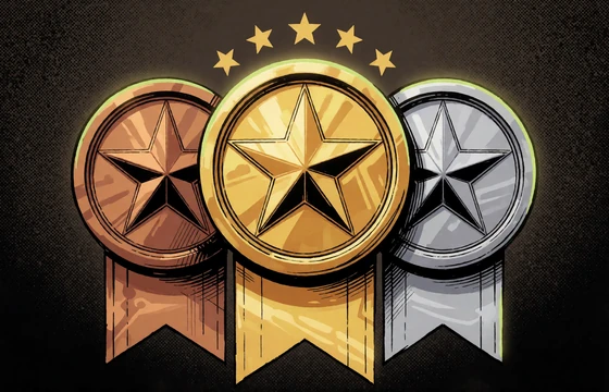 Comic-Emblem aus Bronze-, Gold- und Silbermedaillen f&uuml;r die Karma-Stufen im VIP Club von Zoccer