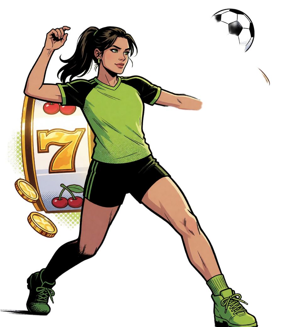 Comic-Spielerin schie&szlig;t einen Ball zwischen Slot-Walzen und Karten - Key Visual der Casino Spiele Lobby von Zoccer