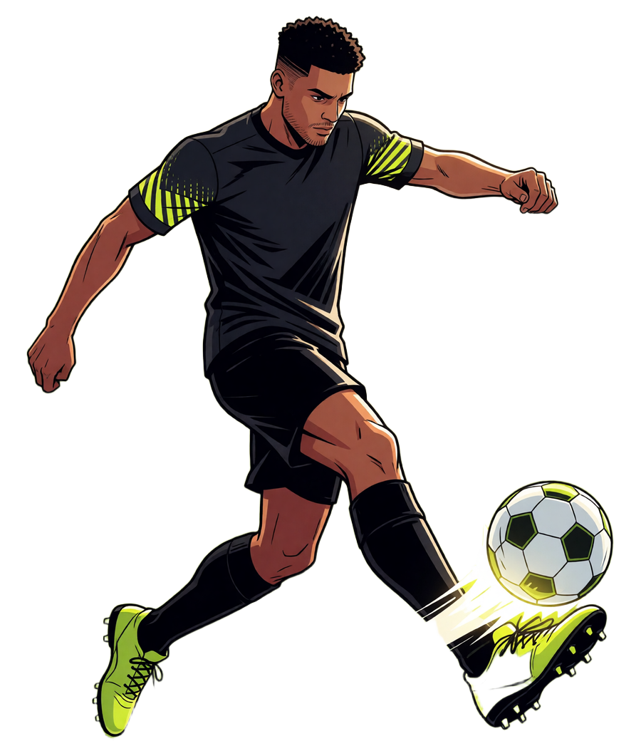 Comic-Fu&szlig;baller im Volleyschuss aufs Tor als Key Visual der Sportwetten bei Zoccer Casino