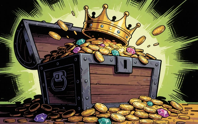 Comic-Schatztruhe voller Goldm&uuml;nzen mit Krone - progressive Jackpot Casino Spiele wie Mega Moolah bei Zoccer
