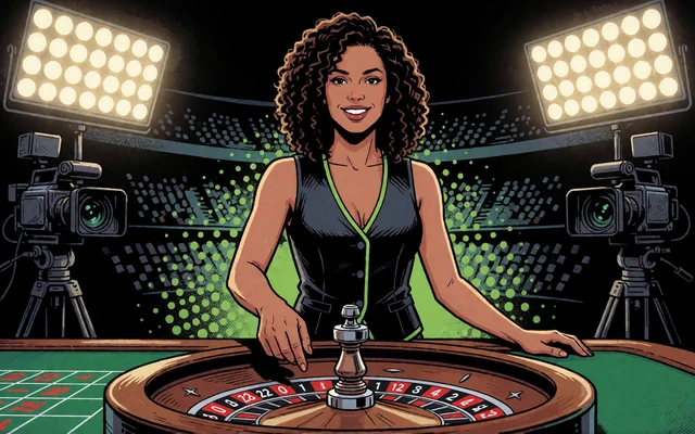 Comic-Dealerin dreht das Roulette-Rad unter Flutlicht - 350+ Live-Tische im Live Casino von Zoccer