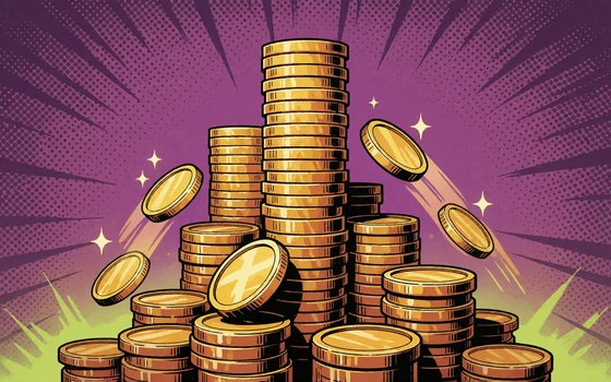 Comic-Stapel aus Goldm&uuml;nzen mit lila Hintergrund als Symbol f&uuml;r progressive Jackpots bei Zoccer