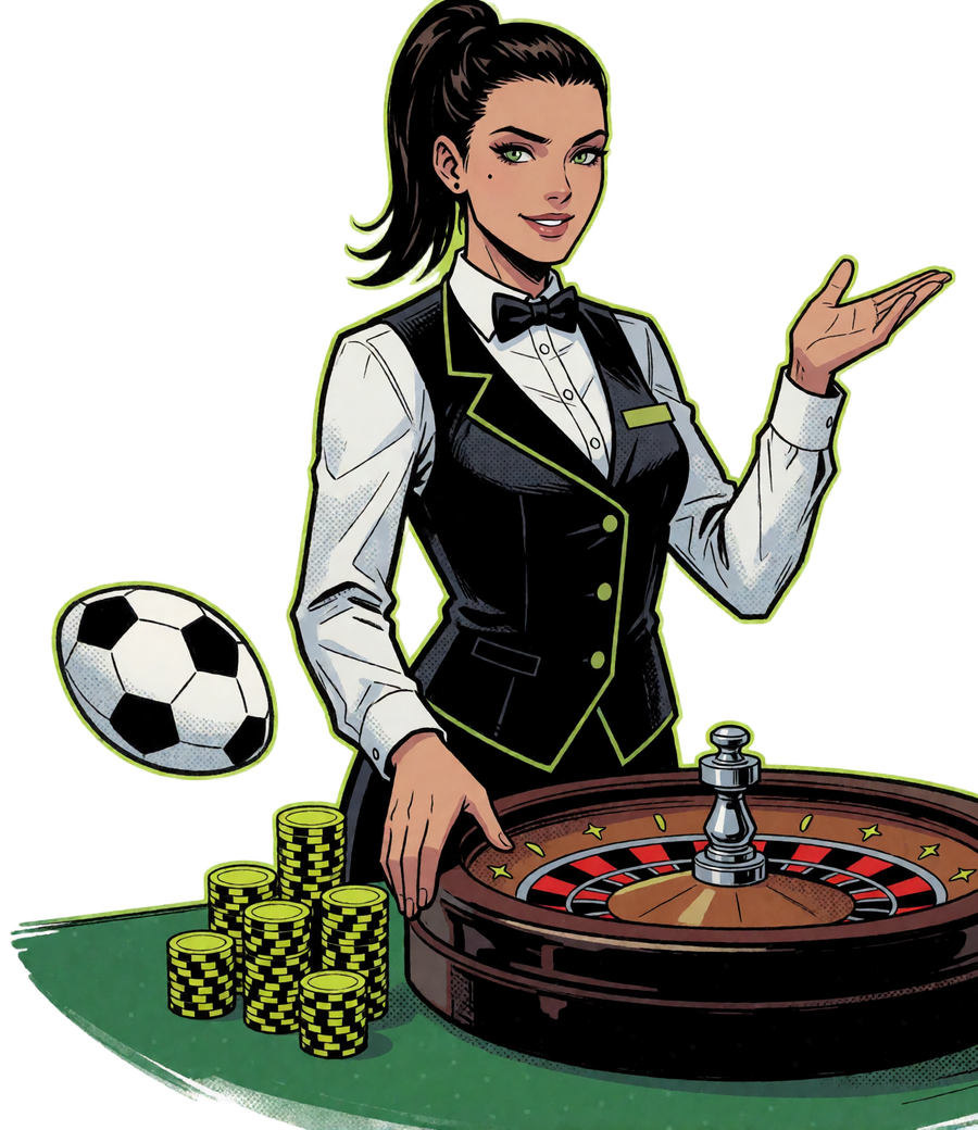 Comic-Croupier dreht das Roulette-Rad mit Chips und Fu&szlig;ball - Live Casino Deutschland bei Zoccer