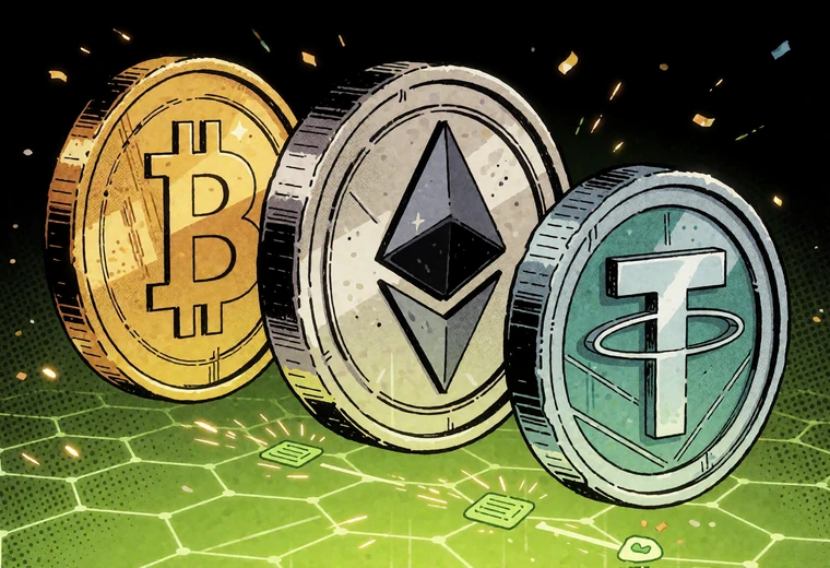 Comic-Illustration von Bitcoin-, Ethereum- und USDT-M&uuml;nzen &uuml;ber einem Netzwerkraster - Krypto-Zahlungen bei Zoccer
