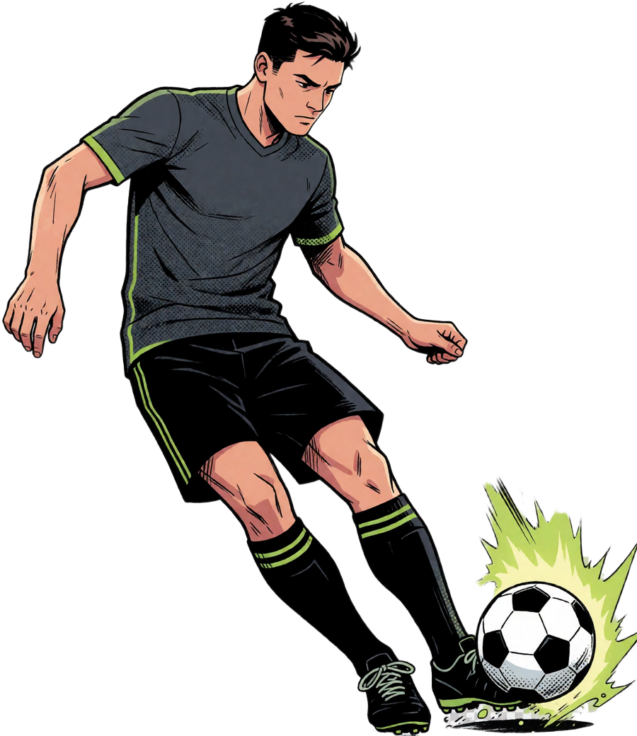 Comic-Fu&szlig;baller schie&szlig;t den Ball - Key Visual vom Online Casino Zoccer Casino mit Anpfiff-Motiv
