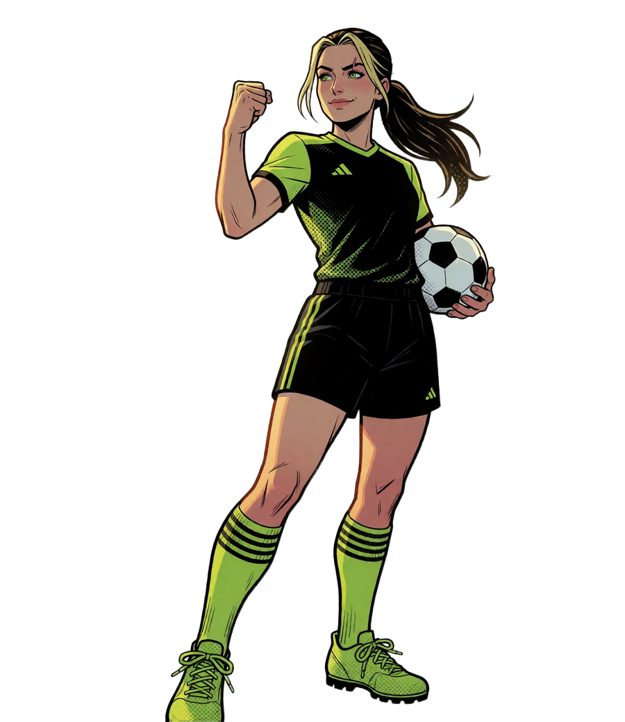Comic-Model im lime-schwarzen Trikot feiert im Konfetti- und M&uuml;nzregen den Willkommensbonus im Zoccer Casino