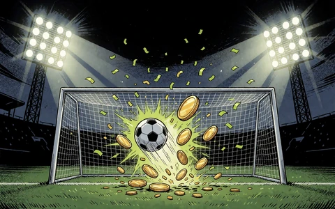 Comic-Tor unter Flutlicht mit Konfetti und M&uuml;nzen als Motiv f&uuml;r die Wochenend-Reloads im Zoccer Casino