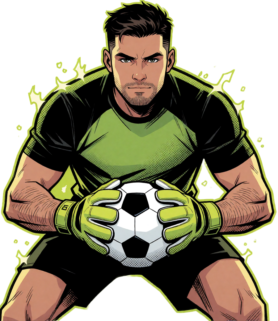 Comic-Torh&uuml;ter f&auml;ngt den Ball sicher ab - Symbolbild f&uuml;r Sicherheit und Spielerschutz im Online Casino Zoccer
