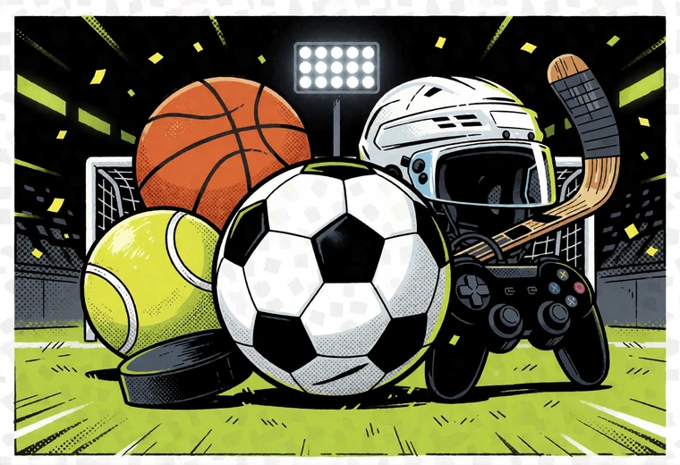 Comic-Motivgruppe aus Fu&szlig;ball, Gamepad, Tennisball und Rennhelm f&uuml;r 25+ Sportarten im Zoccer Sportsbook