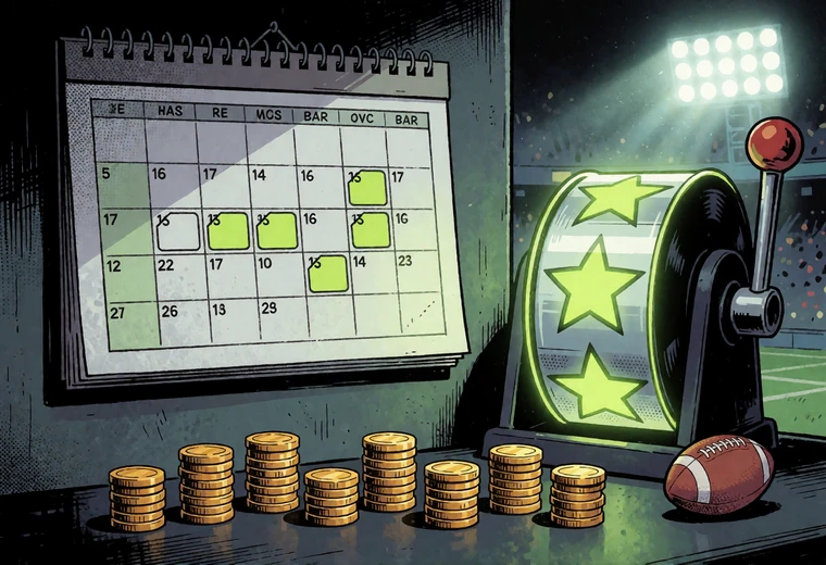 Comic-Illustration mit Kalender und zehn M&uuml;nzstapeln als Symbol f&uuml;r 20 Freispiele pro Tag &uuml;ber 10 Tage