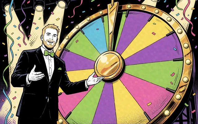 Comic-Moderator vor gro&szlig;em Gl&uuml;cksrad mit Konfetti - Game Shows im Live-Bereich von Zoccer Casino